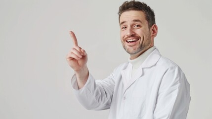 Poster - A man in a lab coat pointing. Suitable for scientific or medical concepts