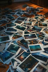 Aufkleber - A pile of photos on a wooden table, suitable for various design projects