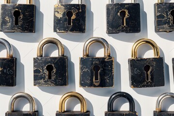 Poster - Several padlocks arranged on a white background. Suitable for security and protection concepts