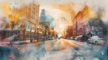 Poster - A beautiful watercolor painting of a city street. Ideal for urban-themed designs
