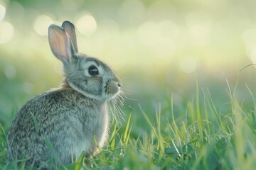 Aufkleber - A rabbit sitting in the grass, looking at the camera. Suitable for various nature and animal-related projects