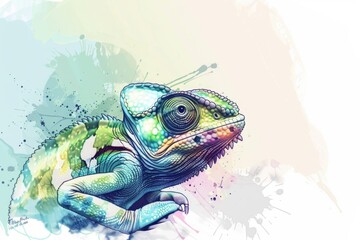 Poster - A vibrant chameleon perched on a clean white background. Ideal for educational materials or nature-themed designs