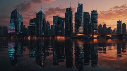 Wall Mural - Generate a futuristic cityscape at sunset