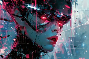Aufkleber - A woman wearing a futuristic helmet and glasses. Perfect for technology concept designs
