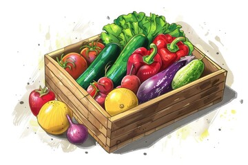 Poster - Wooden box filled with assorted fresh vegetables, perfect for food or farm-related projects