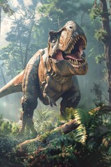 Poster - A majestic dinosaur walking through a vibrant forest. Suitable for educational materials