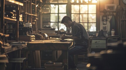 Poster - A man sitting at a table working on a piece of wood. Suitable for woodworking or carpentry concepts