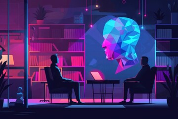 Poster - Two people sitting at a table with a laptop. Suitable for business and technology concepts