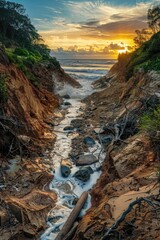 Poster - A peaceful river flowing through a sandy beach next to a lush forest. Perfect for nature and travel concepts
