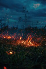 Poster - A burning fire in the middle of a field. Suitable for outdoor or camping themed designs