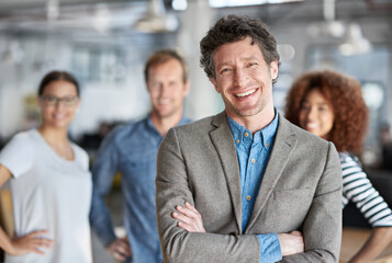 Aufkleber - Portrait, smile and ceo man with arms crossed in office for company, collaboration and startup business. Executive, team and diversity in workplace for project management, leadership and pride