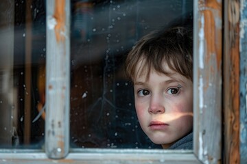 Poster - A young boy staring out of a window, suitable for various concepts and designs