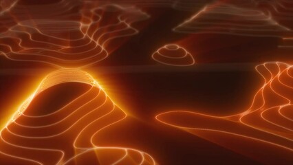 Wall Mural - Yellow orange looped futuristic hi-tech landscape with mountains and canyons from glowing energy circles and magic lines. Abstract background. Video in high quality 4k, motion design