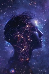 Poster - A woman's profile silhouette against a space background. Suitable for science fiction or technology concepts