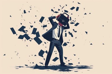 Poster - A man in a suit raising a briefcase. Suitable for business concepts