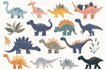 Aufkleber - A group of dinosaurs standing in a grassy field. Suitable for educational materials or dinosaur-themed designs
