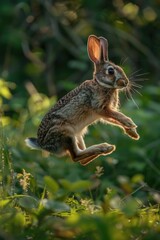 Poster - A rabbit jumping in the air in a grassy field. Suitable for nature and wildlife themes