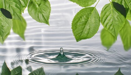 Sticker - circle ripples waves on a transparent clean background of water with green natural leaves