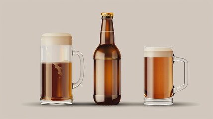 Sticker - Modern realistic mockup of beer bottle and mug made of brown glass. Template of alcohol beverage design.