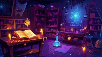 Wall Mural - This modern cartoon illustration shows a magical school classroom with a book of spells, chalkboard and bookcases at night. It includes glowing candles, a cauldron, a magician's wand, and a glowing