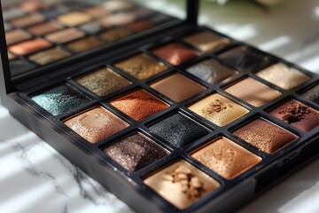 Eyeshadow Palette with Mirror An eyeshadow palette with a built-in mirror, showcasing a travel-friendly beauty product