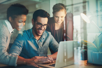 Leinwandbilder - Graphic designer, office and project for meeting, discussion and teamwork with laptop. Creative businesspeople, partnership and collaboration for small business, internet startup and group planning