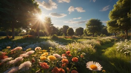 Wall Mural - A green garden in summer with warm colors and the sun shining in the blue sky and white clouds