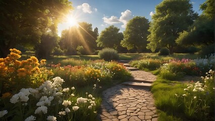 Wall Mural - A green garden in summer with warm colors and the sun shining in the blue sky and white clouds