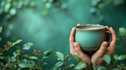 Wall Mural - Top view of female hand holding cup of coffee, green background with houseplants.
