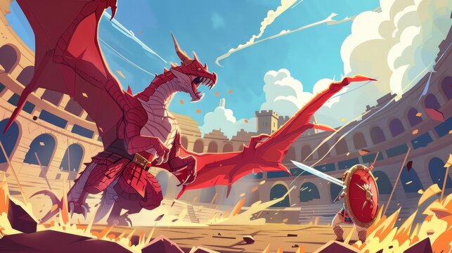 Against a dragon, an ancient warrior fights on an arena. The gladiator has a sword and shield, and flying fire breathing beasts surrounds him.