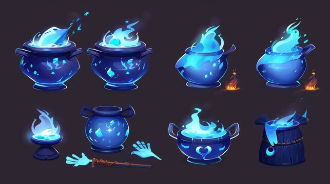 This is a modern sprite sheet with a witch cauldron, blue magic potion, hand and smoke, and an old boiler with a scary devil face, brew, and steam. This is the modern cartoon sprite sheet.