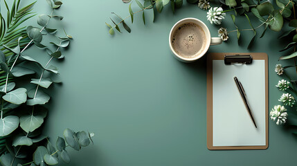 Wall Mural - Stack of notebooks, cup of coffee and office supplies on a green background with eucalyptus leaves. Modern home office desk table. Flat lay, top view.
