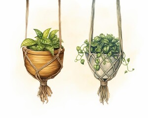 Illustration of two macrame hanging plant holders with green indoor plants in boho style. Perfect for home decor and gardening inspiration.