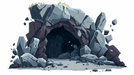 Wall Mural - Grotto, hidden underground tunnel or cavern, natural hollow on white background, Cartoon modern illustration of entrance to cave in mountain.