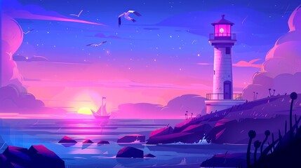 Wall Mural - In the early morning hours of the morning, an early morning seashore with a lighthouse and beacon. A nautical figure is sitting on a rocky coast with gulls flying in the sky under a pink sky. An