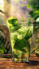 Wall Mural - A glass of green drink with a lime slice in it. The drink is on a wooden table