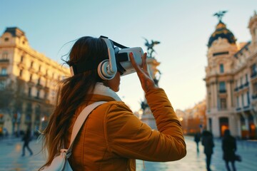Wall Mural - Woman with VR glasses in a virtual travel guide experience, city landmarks 