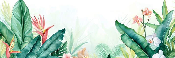 Wall Mural - Watercolor illustration of tropical leaves and flowers, showcasing a mix of banana leaves, orchids, and heliconia