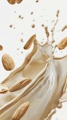 Wall Mural - A white background with a splash of milk and a bunch of almonds. The almonds are scattered throughout, with some floating in the milk and others falling into the milk