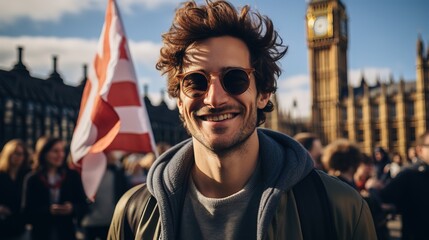 Wall Mural - Happy person in the city with glasses and short hair style