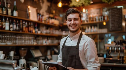 Wall Mural - A young, smiling waiter in professional workwear stands confidently in front of the camera, making notes in a notepad with the bustling bar counter in the background. 