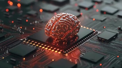 Wall Mural - A computer chip with a brain on it. The brain is glowing and surrounded by a black background