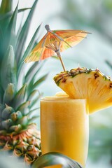 Wall Mural - A glass of pineapple juice with a straw and a yellow umbrella on top