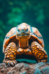 Poster - Close up of turtle's face with its beak slightly open revealing its black and blue eyes.