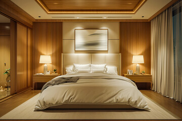 Wall Mural - Well decorated bedroom with large bed and two lamps on nightstands.