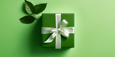 Sticker - Green box with white bow on top of leaf.