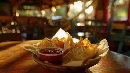 Wall Mural - a plate of tortilla chips with a red dipping sauce. the chips are arranged in a basket on a table