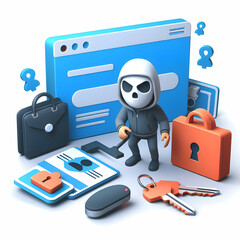 Wall Mural - 3D Flat Icon: Credential Stuffing Concept with Stolen Credentials, Illustrating Risks and Importance of Multi Factor Authentication   Cartoon Style