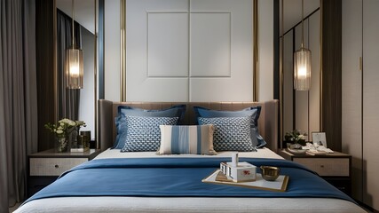 Wall Mural - Blue Accents Bedding in Modern Bedroom Interior