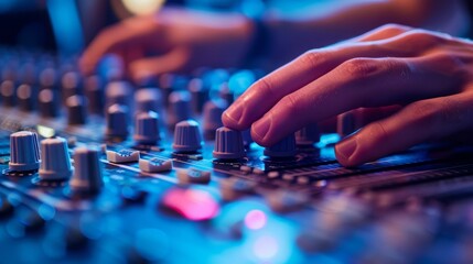 Wall Mural - Music mixing board. DJ. Close-up of recording. Background audio track in dark recording Aesthetics of industrial machinery, multimedia, bright colors